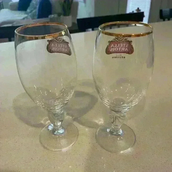 Stella Artois Original Belgium Gold Rimmed Beer Glass Chalice 33CL Set Of 2 - Picture 4 of 8